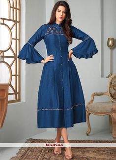 Blue Embroidered Festival Party Wear Kurti Umbrella Kurti Design, Umbrella Kurti, Party Wear Kurti, Designer Kurti Patterns, Gaun Fashion, Kurti Designs Latest