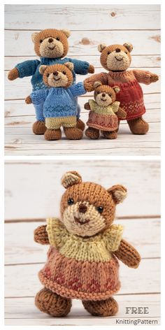 two pictures of teddy bears wearing sweaters and holding hands