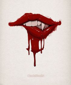 a blood dripping down the side of a woman's mouth with her tongue sticking out