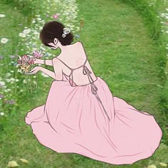 a painting of a woman in a pink dress sitting on the grass with daisies