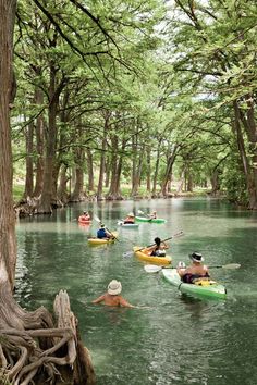 several people are kayaking down the river