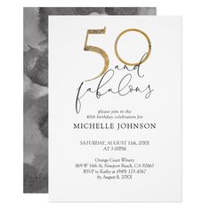 the 50th birthday party card is shown in gold and silver foil on black marble paper