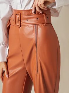 Urban High Waist Plain Faux Leather Pants With Belt | stylewe Waist Tattoos, Leather Legging, Pants With Belt, Loose Fit Sweater, Faux Leather Pants, Type Of Pants, Faux Leather Leggings, Workout Accessories, Leather Leggings