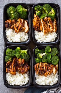 four trays filled with chicken, broccoli and rice