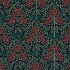 an image of a wallpaper pattern with flowers and leaves on black background in shades of blue, green, red and orange