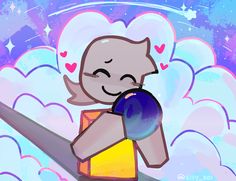 a drawing of a person holding a ball in front of a cloud background with hearts