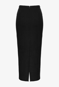 Long straight pencil skirt in stretch viscose technical fabric worked in fabric stitch, characterised by elegant central back slit. Invisible zip fastening at centre back. The main fabric is made with 67% viscose from responsibly managed forests. Business Skirts, Split Side Skirt, Long Straight Skirt, Limo Black, Pencil Skirt Fashion, Formal Shirt Dress, Long Pencil Skirt, Business Skirt, Calf Length Skirts