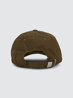 the back view of a brown baseball cap with an adjustable visor and metal buckle