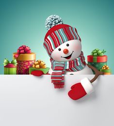 a snowman is holding a sign with presents around him and wearing a red hat