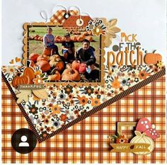 a scrapbook page with pumpkins and plaid paper on the cover, featuring an image of two people