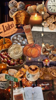 there is a collage of food and drinks on the table, including pumpkins