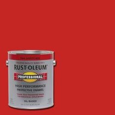 a red paint can with the words rust - oleum on it and an image of a