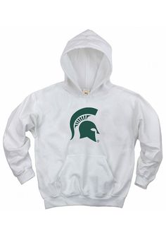 Those cold nights at the game won't keep your little MSU fan from cheering on the team in Michigan State Spartans Long Sleeve Hoodie! Give them this MSU Spartans Youth White Spartan Helmet Hooded Sweatshirt to keep warm in the stands. This Spartans Long Sleeve Hoodie features a screen print team graphic on center chest. Soft fleece fabric, Two needle cover stitch armhole, cuff, and bottom hem, Taped neck, Screen print team graphic, Kangaroo pocket, 80% Cotton / 20% Polyester, Machine Wash Cold Michigan State Sweatshirt, Long Sleeve Cotton Hoodie With Team Logo, Collegiate Fleece Hoodie For Fan Merchandise, Collegiate Fleece Hoodie For Fans, Team-colored Cotton Hooded Hoodie, White Hooded Sweatshirt For Fan Gear, Casual Green Hoodie For Fan Merchandise, Green Casual Hoodie For Fan Merchandise, Team Spirit Cotton Hoodie For Fan Gear