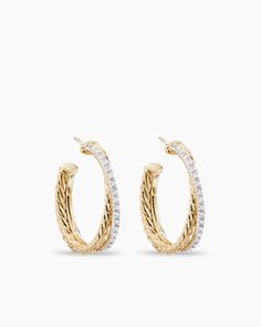 David Yurman | Crossover Hoop Earrings in 18K Yellow Gold with Diamonds, 26.5mm Timeless Gold Hoop Diamond Earrings, David Yurman Earrings, Chain Strap Bag, Yellow Gold Jewelry, Earrings Diamond, Floral Shoes, Diamonds And Gold, Huggie Hoop Earrings, Yellow Diamond