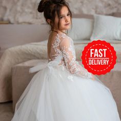 PERFECT FLOWER GIRL DRESS✨ Make order today and SAVE 15%🎁delivery 3-4 days only! Beautiful Baby Flower girl dress with  lace embroidery and amazing puffy skirt! Process time: 1-2 working days Delivery time: 2-4 working days  Also offer express overnight delivery https://www.etsy.com/listing/1298332912/express-delivery?click_key=eb8207bd8376c2fa762384c4d5701f79c6bcbc77%3A1298332912&click_sum=63123b47&ga_search_query=express&ref=shop_items_search_1&frs=1 *Train is detachable & all dresses have bo White Pageant Dress With Lace Bodice And Tulle, White Pageant Dress With Lace Bodice In Tulle, Confirmation Tulle Ball Gown, Tulle Ball Gown For Confirmation, White Tulle Ball Gown With Floral Applique, Confirmation Princess Dress With Tulle Skirt, Lace Princess Dress For Confirmation, First Communion Lace Ball Gown With Tulle Skirt, First Communion Ball Gown With Lace And Tulle