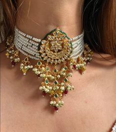 Chokar Set With Pearl, Telugu Jewellery, Jadau Choker Set, Jadau Choker, Kundan Choker Set, Beautiful Bridal Jewelry, Ring Ceremony, Sabyasachi Jewellery, Artificial Jewelry