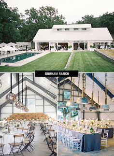 the inside of a barn with tables, chairs and chandeliers in front of it