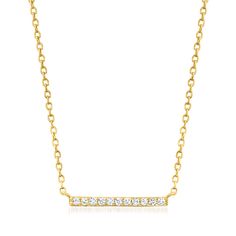 Ross-Simons - .10 ct. t. w. Diamond Bar Necklace in 14kt Yellow Gold. 16". RS Pure. Modern designs that complete your outfit and complement your personality. Layer on the sparkle! Crafted of 14kt yellow gold, .10 ct. t. w. round brilliant-cut diamonds twinkle along the front of a shining bar. Suspends from a cable chain and features a 2" extender. Springring clasp, diamond bar necklace. Diamond birthstones are the perfect gift for April birthdays. Classic Bar Necklace With Diamond Accents, Classic Diamond Bar Necklace For Formal Occasions, Yellow Gold Bar Necklace With Single Cut Diamonds, Everyday Yellow Gold Diamond Bar Necklace, Diamond Bar Necklace, Diamond Birthstone, Gold Sign, Fine Jewelery, Necklace Diamond