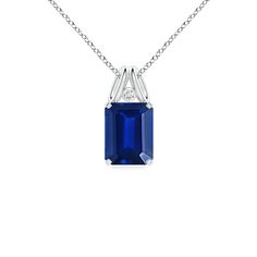 Add elegance to any look with this 18k white gold pendant featuring an emerald-cut blue sapphire. The gemstone is secured in a prong setting and linked to a fancy bale. A glittering diamond accent placed above the gemstone further elevates the beauty of this piece. Blue Sapphire Pendant, Sapphire Pendant, Emerald Cut, Lab Diamonds, Prong Setting, Lab Grown Diamonds, Blue Sapphire, Emerald, Platinum