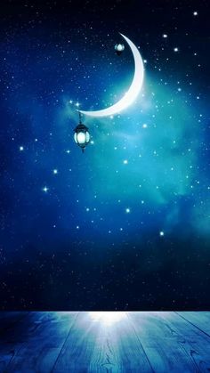 the night sky is full of stars and crescents, as well as two hanging lanterns