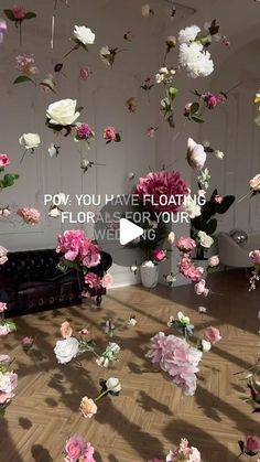 flowers floating in the air next to a stove and wall with text that reads pov, you have floating florals or your wedding bouquet