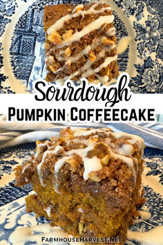 sourdough pumpkin coffeecake with maple glaze on blue plate with text Sourdough Pumpkin Dessert, Sourdough Pumpkin Coffee Cake, Sourdough Pumpkin Recipes Easy, Pumpkin Coffee Cake With Streusel, Pumpkin Coffee Cake With Streusel Bundt, Pumpkin Coffee Cake With Crumb Topping, Banana Coffee Cakes, Family Baking, Streusel Coffee Cake