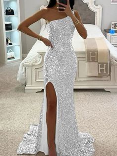 Sequin Prom Dress, Long Prom Dresses, Prom Dresses Long, Floor Length, Sequin, One Shoulder, Split, Mermaid, Prom Dresses