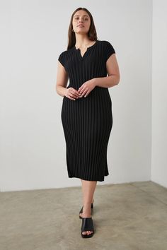 Rails black knit midi dress Party Knit Midi Sweater Dress, Knit Midi Sweater Dress For Party, Elegant Ribbed Knit Dress, Casual Ribbed Evening Dress, Elegant Black Pleated Dress For Fall, Elegant Ribbed Dress For Night Out, Chic Knit Midi Dress For Night Out, Ribbed Knit V-neck Dress, Knit Midi Dress For Night Out