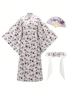 Japanese Style Floral Print Bowknot Belted Bathrobe Dress, Yukata Robe (Japanese Casual Kimono), Easy Wearing Apricot Boho  Long Sleeve Woven Fabric Plants,All Over Print  Non-Stretch  World Apparel, size features are:Bust: ,Length: ,Sleeve Length: Japanese Yukata Women, College Style Outfits, Yukata Women, Japanese Yukata, Fabric Plants, Casual Kimono, Fleece Tights, Fashion Tights, Japanese Kimono