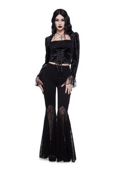 cuz you love the darkness. These pants have a velour construction, sheer floral lace bell bottoms, and a low waist fit. Velvet Bell Bottoms, Velvet Top Long Sleeve, Goth Look, Alt Outfits, Goth Beauty, Lace Pants, Fire Fits, Velvet Lace, Bell Bottom Pants