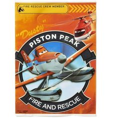 an orange and white fire and rescue poster with two planes in the sky, one on top of another plane