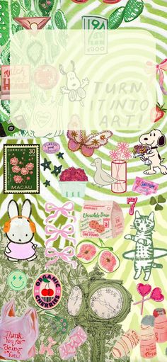 an assortment of stickers and decals on a piece of green paper with pink flowers