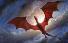 a red dragon flying through the air with clouds in the background and sun behind it