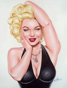 a drawing of a woman with blonde hair wearing a black top and holding her hands behind her head