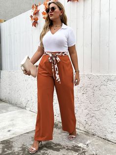 Burnt Orange Elegant   Polyester Plain Wide Leg Embellished Non-Stretch Spring/Summer/Fall Plus Size Bottoms Work Outfits Frauen, Business Professional Outfits, Summer Outfits Women Over 40, Orange Pants, Office Casual Outfit, Professional Outfits Women, Business Casual Outfits For Women, Business Casual Outfits For Work, Summer Work Outfits