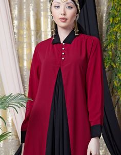 Executive cum casual abaya pull from neck to wear Red with Black Contrast Collar Two utility pocket at side seam Front close with loop and button, easy to wear Cuff and front pleated yoke Hijab and band shown in the image can be bought separately Fabric: 100% Polyester Satin (Shining Premium Nida)Care: Mild machine wash/ hand Cold Wash/ Dry cleanWe request customers to carefully choose the correct size and dress length referring to our size chart Casual Abaya, Red Flare, Black Peach, Wear Red, Contrast Collar, Polyester Satin, Wearing Red, Dress Length, Size Chart