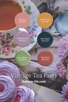 tea party menu with cupcakes, saucers and pink flowers on the table