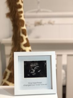 a stuffed giraffe is in the background behind a white box with a photo on it