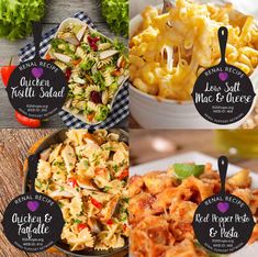 four different types of pasta and salads on the same plate, with labels for each side