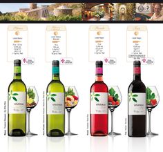 the wine bottles and glasses are labeled with different wines in each bottle, along with their corresponding labels