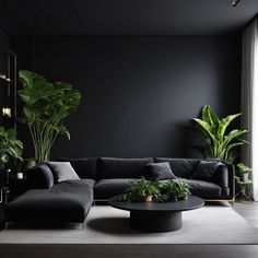 a living room filled with black furniture and plants