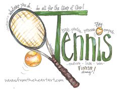 a drawing of tennis racket and ball with words on the bottom that read tennis