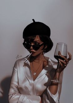 a painting of a woman holding a wine glass in her right hand and wearing sunglasses