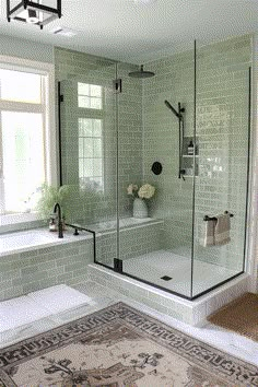 a bath room with a rug and a shower