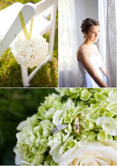 the bride's bouquet and wedding rings are arranged in white flowers, along with an ivory - colored chair