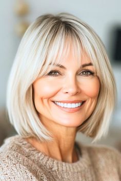 Save this pin for the best hairstyles for women over 60 with bangs. The sleek lines of this bob create a crisp, clean look. Bangs add a touch of softness, drawing attention to your eyes and brightening your face. Older Hairstyles, Bob With Wispy Bangs, Grey Bob Hairstyles, Fine Flat Hair, Best Hairstyles For Women, Haircuts For Medium Length Hair, Hairstyles For Women Over 60, Over 60 Hairstyles, Old Hairstyles