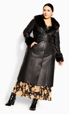 Get carried away on your honeymoon with the Spanish Romance Coat. Featuring a wide lapel neckline with a faux fur overlay, this coat includes button-down fastenings through the front with long sleeves and a longline silhouette. Key Features Include: - Wide faux fur neckline - Long sleeves with faux fur to cuffs - Button-down fastenings through front - Functional side pockets - Adjustable belt to waistline - Fully lined - Falls below the knee in length Wear this coat with a simple printed tee and Spanish Romance, Plus Size Coat, Cropped Linen Trousers, Fashion Promotion, Party Dress Sale, Occasion Dresses Wedding, Plus Size Outerwear, Plus Size Coats, Denim Coat Jacket