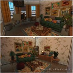 two pictures of a living room with couches, tables and rugs on the floor