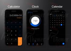 three smartphones displaying the time and calendar