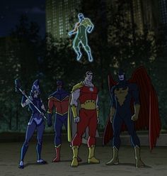 an animated image of five superheros standing in the dark